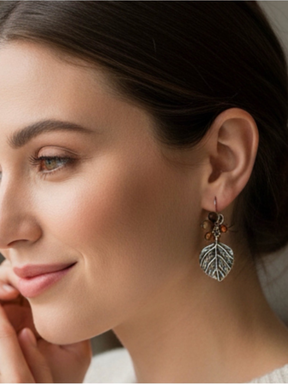 Leaf Drop Silver-Tone Earrings with Amber Beads - Women Jewelry